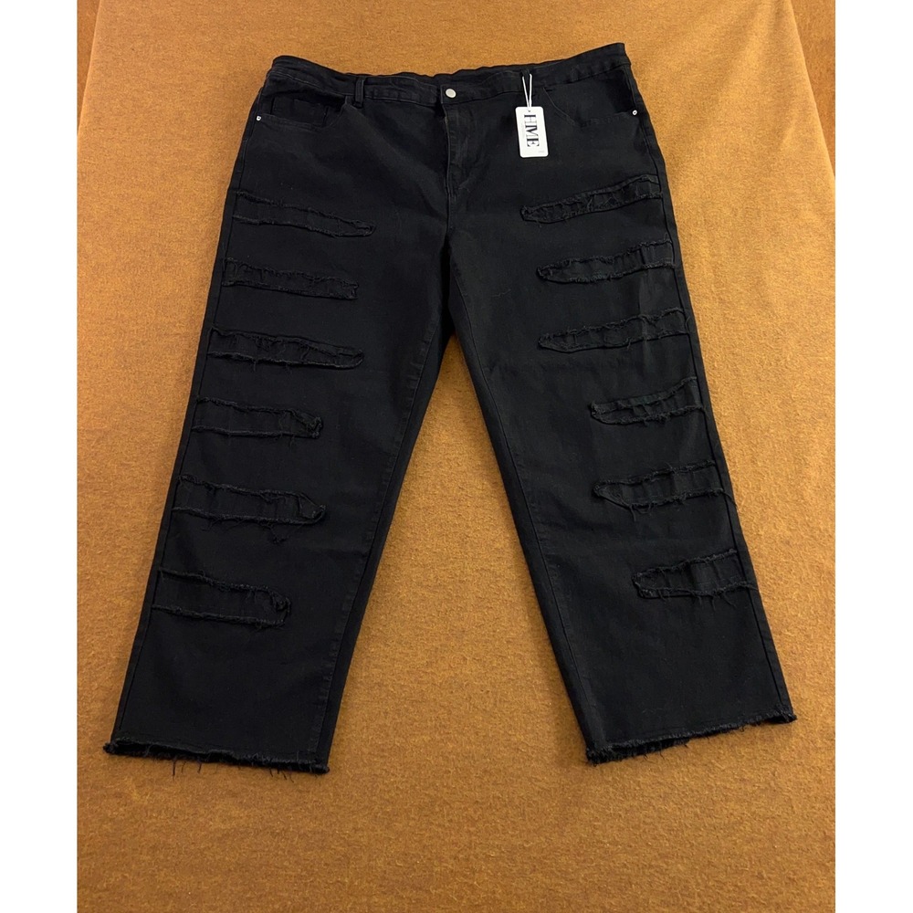 HME Womens 5XL Black Distressed Shredded Raw Hem Straight Leg Jeans New